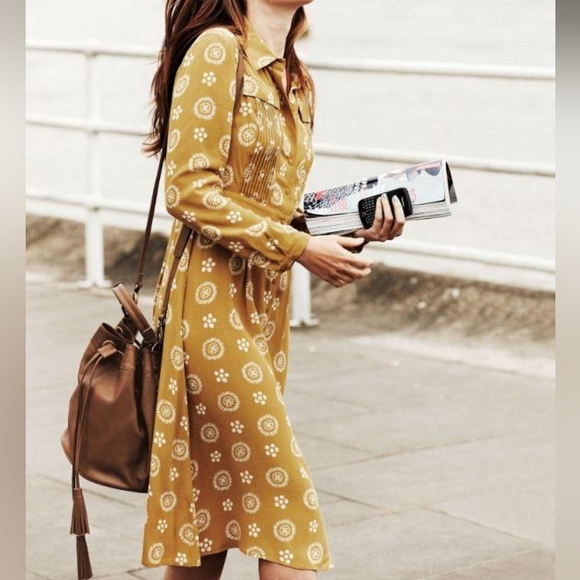 Boden Womens US 10 Yellow White Floral Pleated Button Front Knee Length Dress - Picture 1 of 12